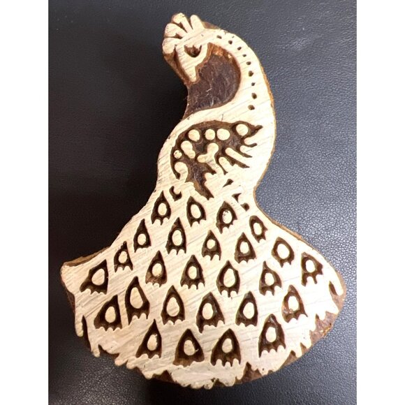HAND CARVED Wood Stamp Peacock Design - Picture 1 of 2
